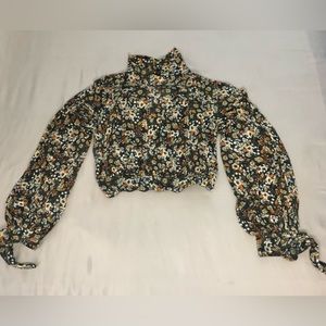Free People Floral Mesh Mock Neck Long Sleeve Crop Top Size XS